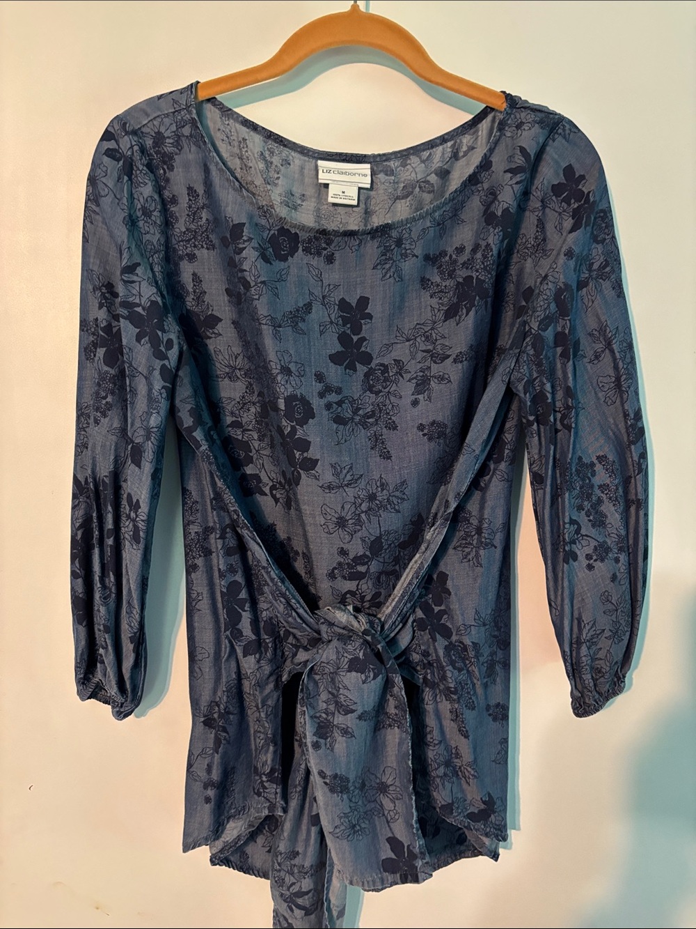Liz Claiborne Navy Blue Floral Tie-Front Tunic